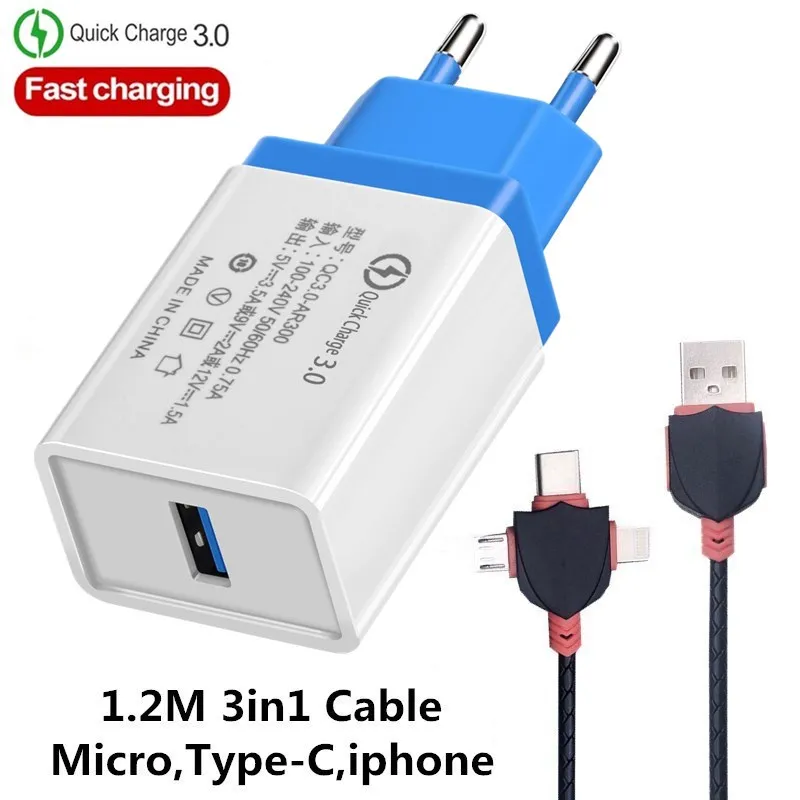 EU/US быстрое зарядное устройство QC 3,0 для мобильных телефонов через USB кабель для зарядного устройства для быстрой Зарядное устройство стены Зарядное устройство для samsung Xiaomi huawei iphone X, 6, 7, 8, 11 Зарядное устройство