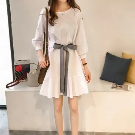 Plus Size Bow Dress Women Lantern Sleeve Pleated Mini Dresse Office Loose Vestidos Blue White M-4xl AE267 | Женская одежда