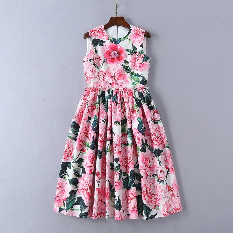 

High quality floral print sleeveless 2021 spring summer runways beading sweat dress G032