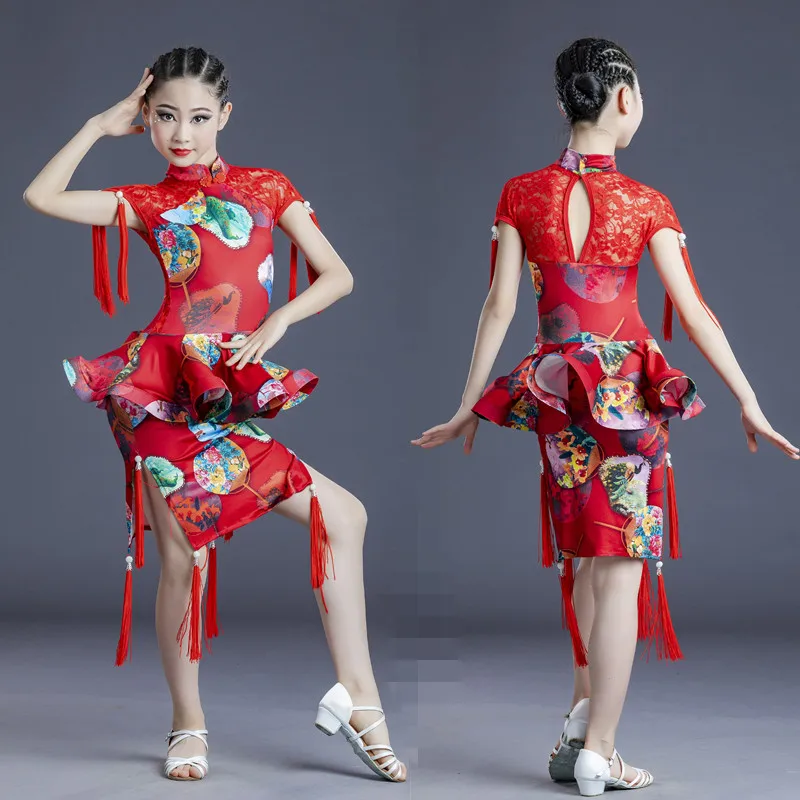 

Red Cheongsam Tassels Latin Dance Dress For Girls Fringed Dress Skirts Latin Dance Costumes Ballroom Competition Clothes SL5885
