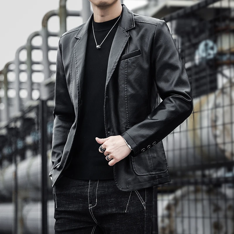 

Coats Jackets Men Solid Color Faux Leather Suit Jacket Long Sleeve Lapel Blazer Men's Jackets and Coats Suit Blazer