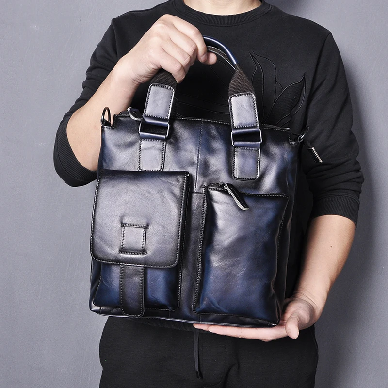 Men Original Leather Antique Design Blue Business Briefcase Maletin Laptop Case Attache Portfolio Bag Tote Messenger Bag B259
