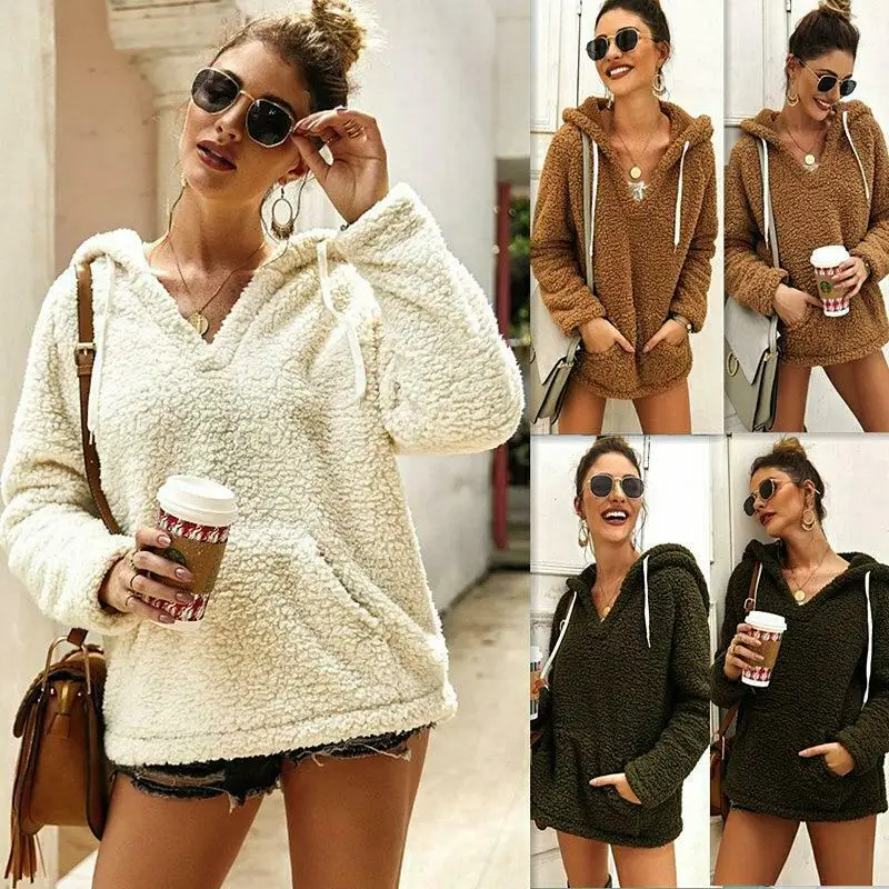 Женский пуловер с флисовой подкладкой Зимняя Толстая теплая толстовка капюшоном