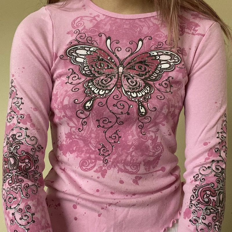 

New Retro Round Neck Butterfly Print Pleated Lace T-shirt Women's Clothing Y2k Aesthetic Cute Slim Long Sleeved Tops Streetwear