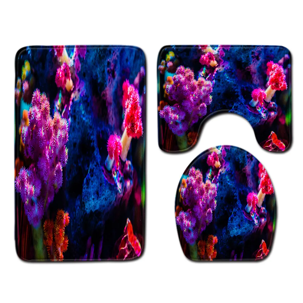 

3D Underwater World Bathroom Rug Set Anti-slip Shower Doormat Toilet Pedestal Rug Absorbent Soft Foot Mat Toilet Cover Seat Mat
