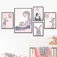 pink poster paintings nursery wall art print girl animal rabbit mouse panda canvas painting nordic wall picture baby room decor
