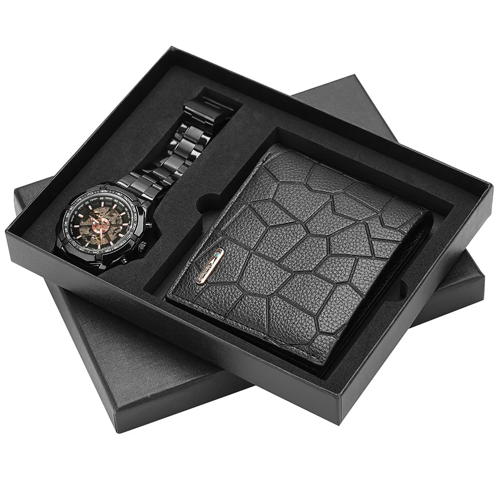 

2pcs / set boutique gift set luxury men's Leather Wallet + hollow mechanical watch stainless steel watch