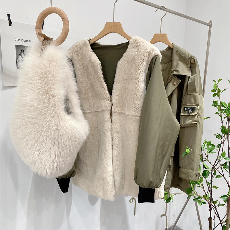 New Womens Winter Coats 2021 Women Warm Real Fox Fur Coat Imported Rex Rabbit Fur Liner Oversized Streetwear Women Parkas