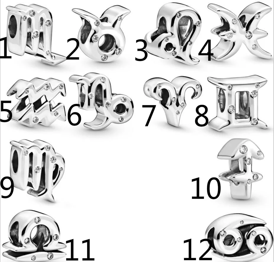 

Fit Original Pan Charms Bracelet 925 Sterling Silver 12 Sparkling Zodiac Charm Beads Diy Jewelry Making