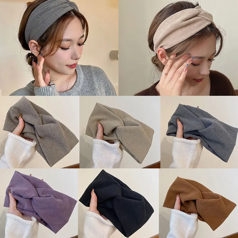 

Korea Winter Wide Knitting Cross Headband For Women Fashion Solid Color Elastic Yoga Turban Bandage Bandanas HairBands