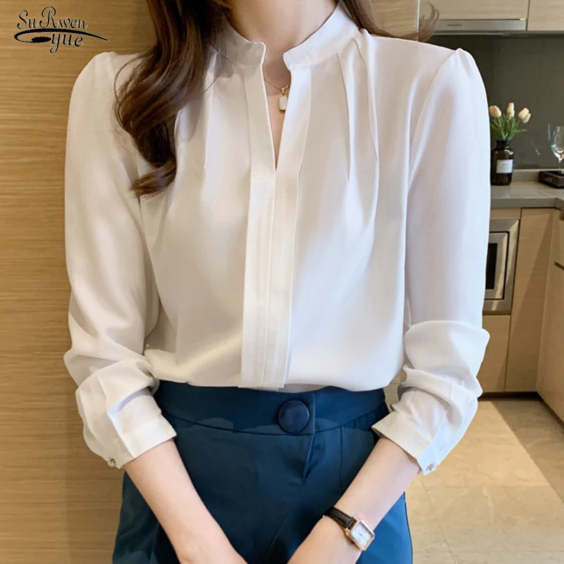 

Элегантные повседневные рубашки с длинным рукавом, осень 2021, однотонная блузка с V-образным вырезом, топы, женские облегающие плиссированны...