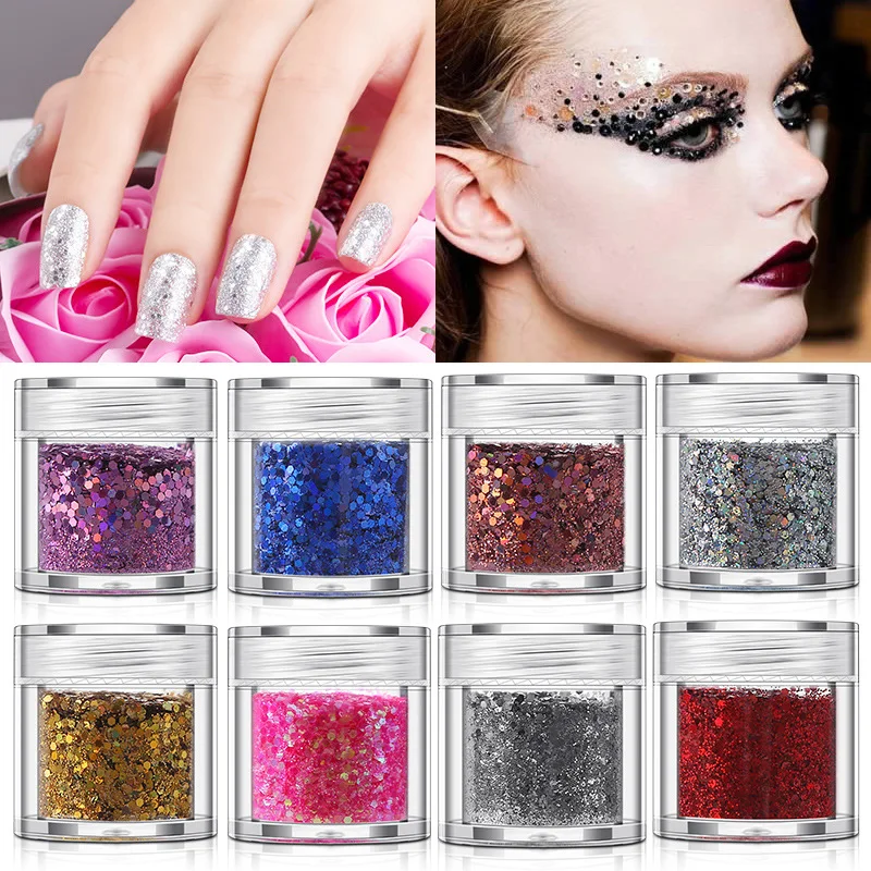 

10g/bottle Laser nail glitter sequins powder Flakes chunky Sparkly Spangles 3D manicure nail art decorations for makeup body