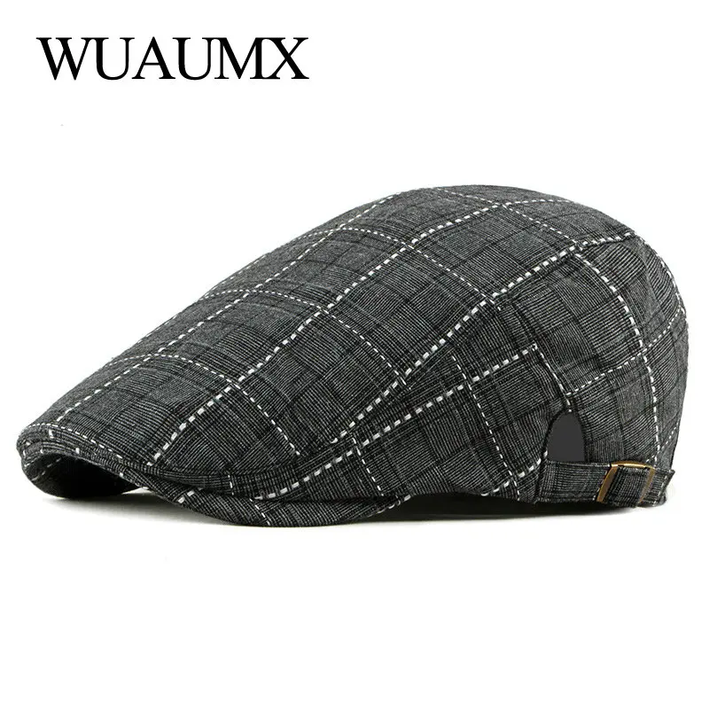 

Wuaumx Spring Summer Beret Hats Men Women Retro Visor British Plaid Peaked Flat Cap Duckbill Hat Forward Cap Beret casquette
