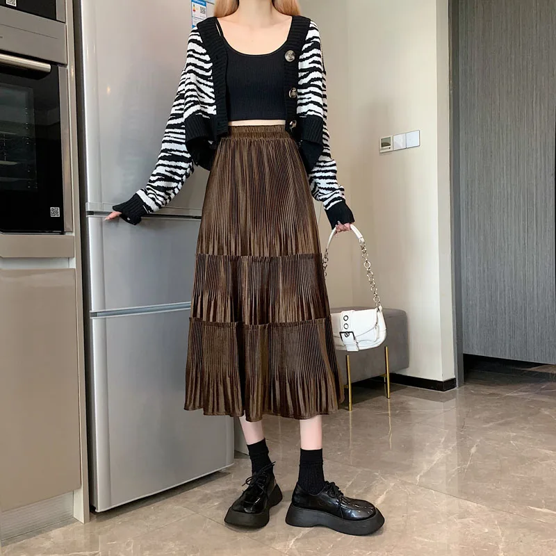 

Женская бархатная длинная юбка средней длины, плиссированная юбка средней длины с высокой талией в Корейском стиле, Осень-зима 2021