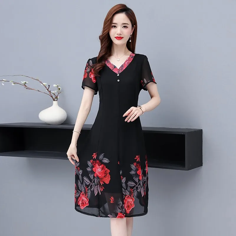 

Summer Women Dress New Fashion Printed Chiffon Mid Long Beach Dress Slim 5XL Female Party Dresses Vestidos