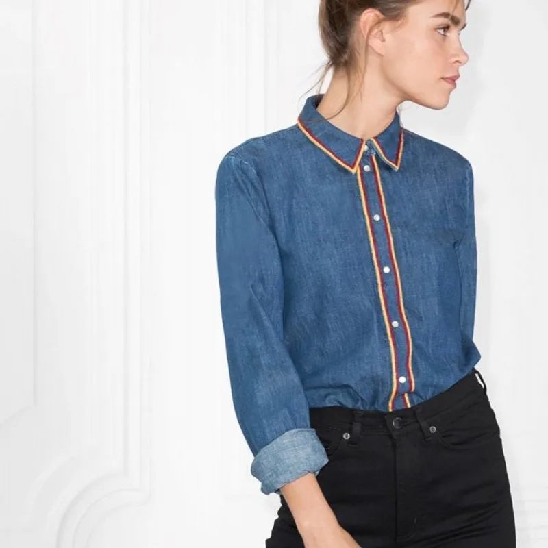 Fashion Women Denim Blouse Top High Quality Colors Striped Long Sleeve Jeans Shirt Single Breasted Office Ladies Casual Shirts | Женская