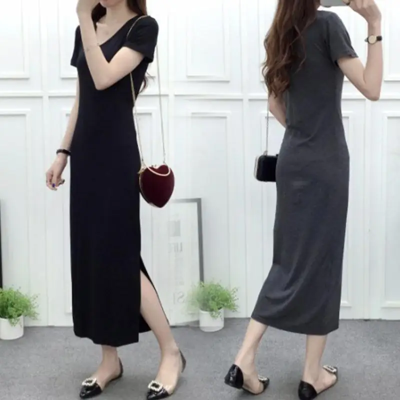 

Spring and summer Korean style large size loose short sleeve dress v collar fat man side split long skirt women Joker skirt