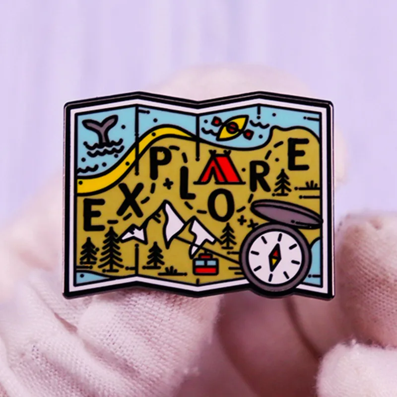 

Cartoon Explore Adventure Map Landscape Brooch Pins Enamel Metal Badges Lapel Pin Brooches Jackets Fashion Jewelry Accessories