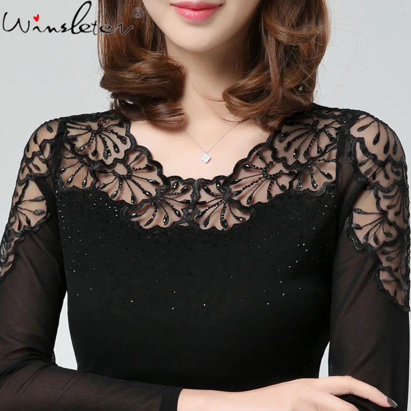 

Fall European Clothes T-Shirt Chic Sexy Patchwork Hook Flower Lace Shiny Diamonds Women Tops M-4XL Casual Woman Tees New T18911A