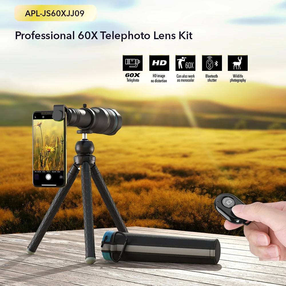 APEXEL-lente telescópica HD 60x, monocular + miniselfie, trípode para iPhone, Xiaomi, otros smartphones, viajes, caza y senderismo