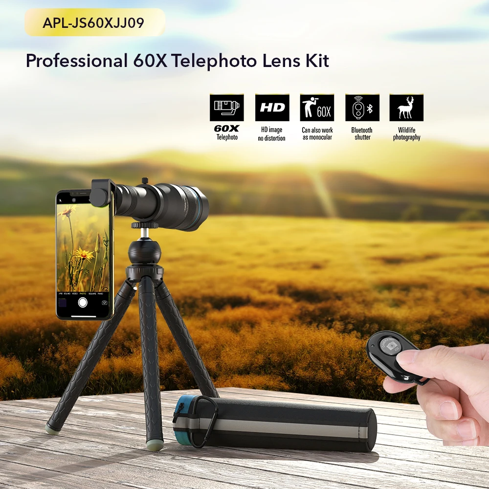 APEXEL HD 60x Telescope Telephoto Lens +Miniselfie Tripod 60X Monocular for iPhone Xiaomi Other Smartphone Travel Hunting Hiking