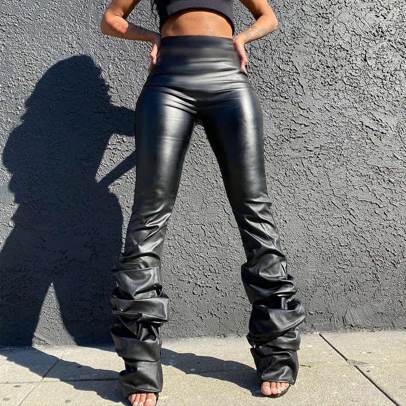 

2020 Pu Leather Stacked Pants Autumn Winter Women Fashion Streetwear High Waist Trousers