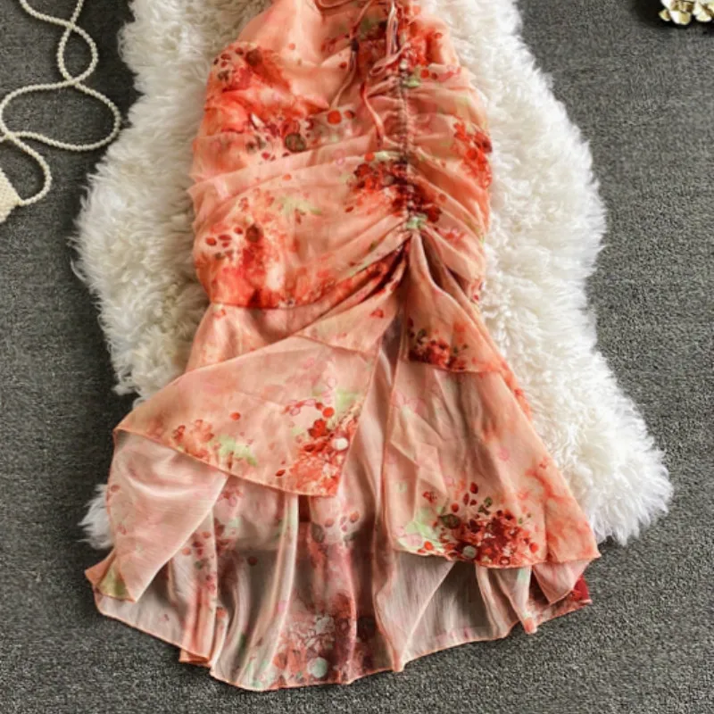 

Women Print Cheongsam Dress V-Neck High Waist Ankle-Length A-Line Ruffles Side Slit Vintage Fashion Woman Slim Dresses