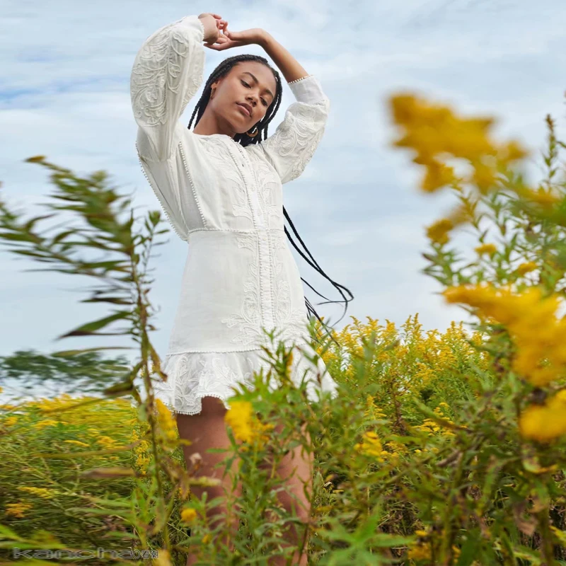 

Runway Designer 2021Spring Autumn Linen New High-Quality Long-Sleeved Embroidery Fashion Party Casual Elegant Chic Women'S Dress