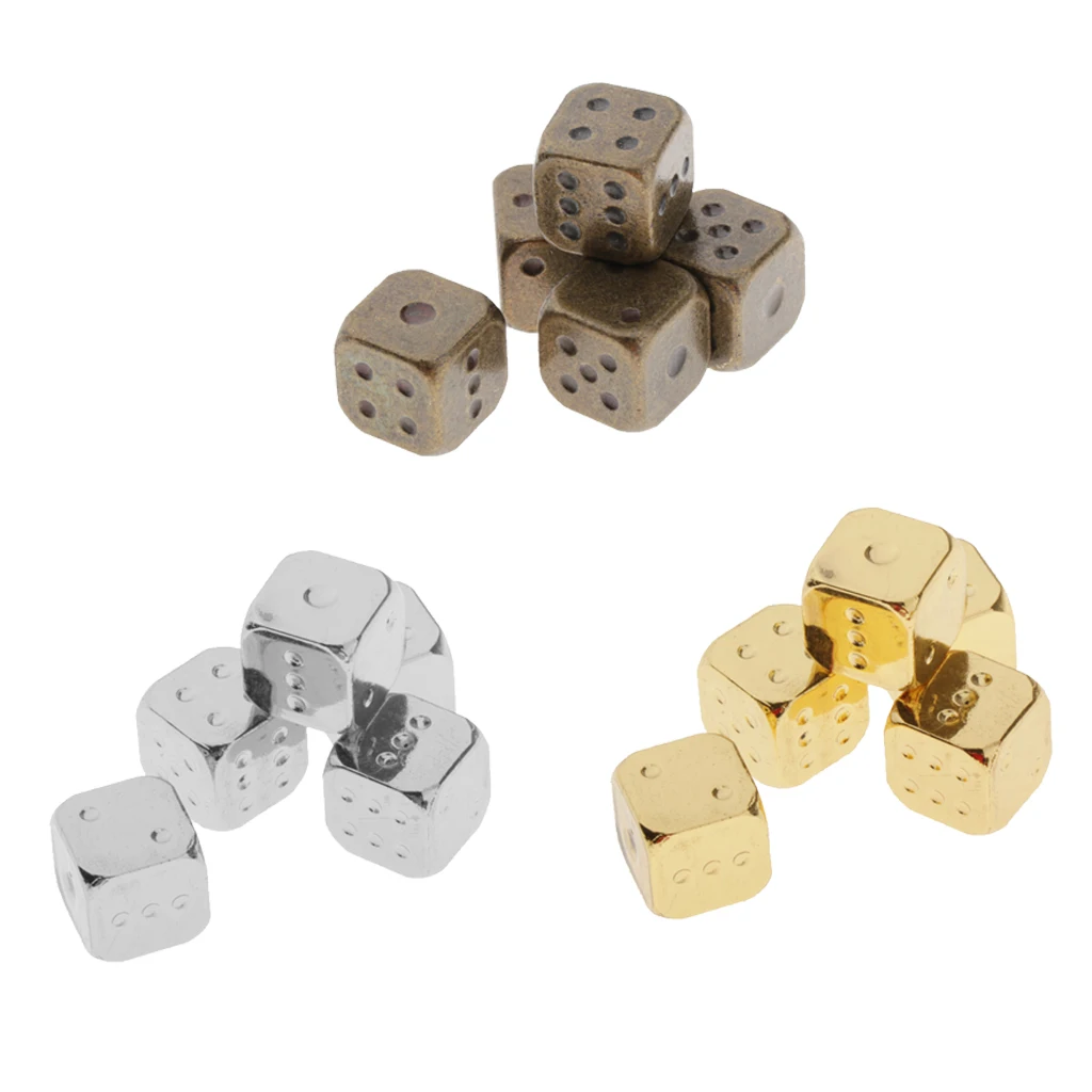 5 Pcs 6 Sided Dice Set Metal Tone Colors with Gold Pips Round Corner Role Playing DIY Mahjong Accessories | Спорт и развлечения