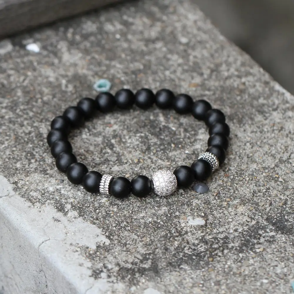 Мужской Эластичный браслет черный 8 мм с микроинкрустацией 10 из черного/белого