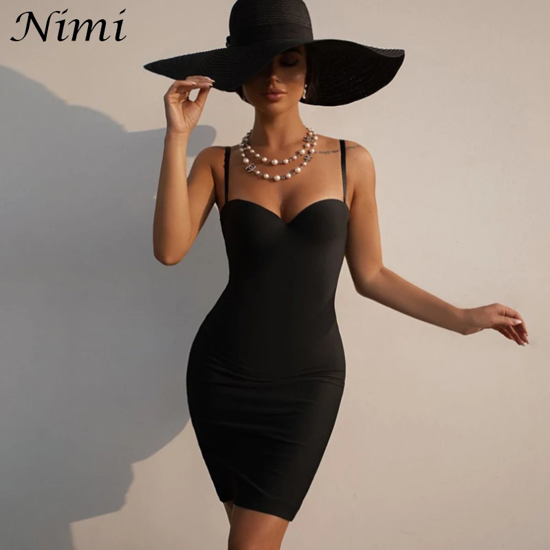 

NiMi Black Slip Dress Sexy 2022 Fashion Women Backless Off Shoulder Moda Feminina Verao Femme Sleeveless Middle Waist Halter