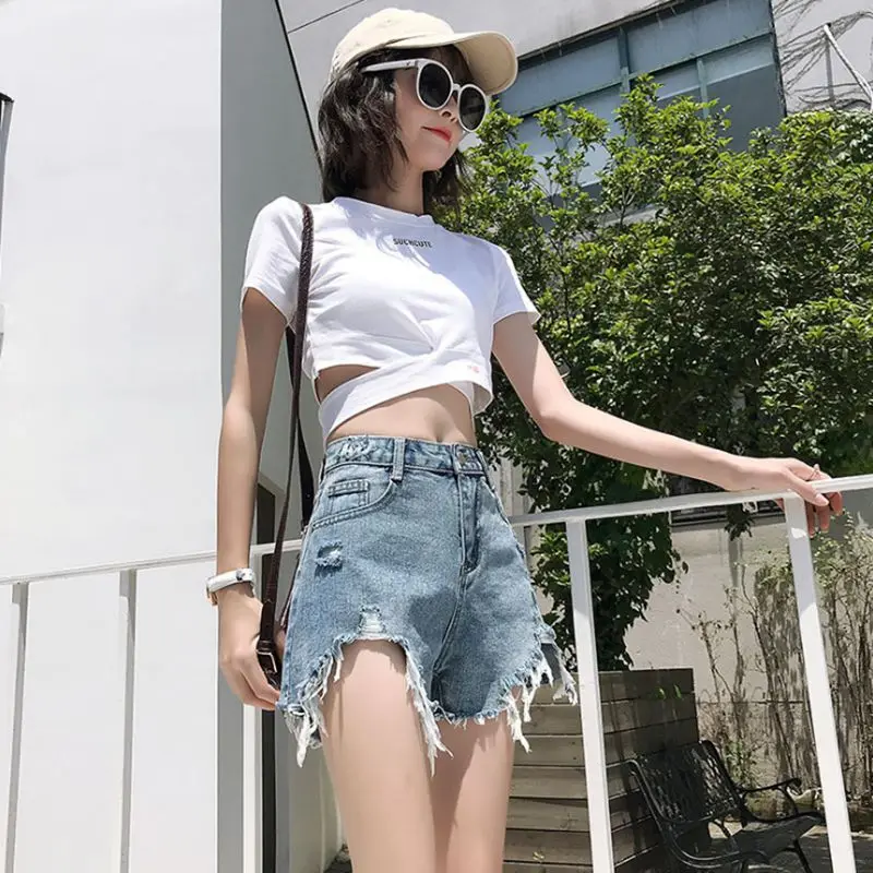 

Streetwear Women Denim Shorts Pants Female High Waist Wide Leg Pants