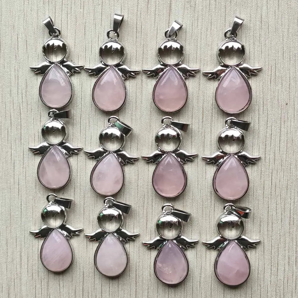 

Fashion natural roses quartz stone alloy angel shape pendants for Necklace jewelry making Wholesale 12pcs/lot free shipping