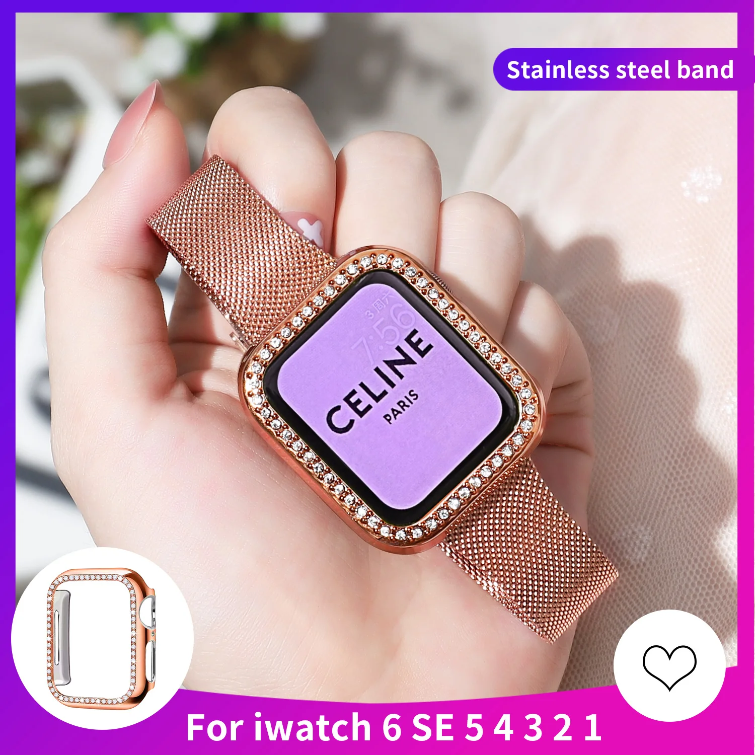 

Slim Bracelets+Diamond Case For Apple Watch Band SE 44mm 40mm Stainless Steel Metal Straps on Smart Seris 6543 42mm 38mm correa
