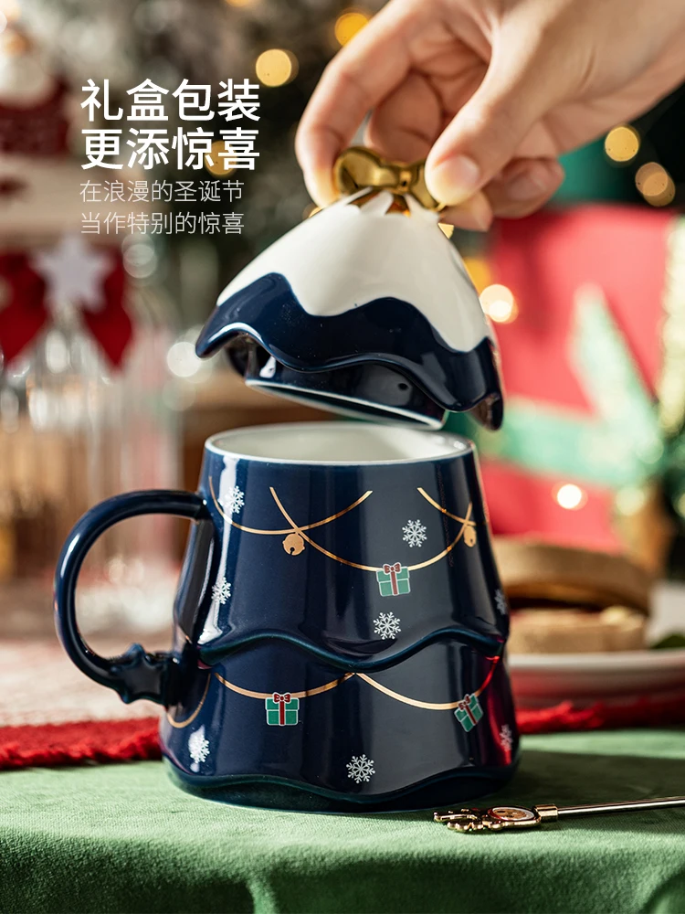 Taza con tapa, cuchara, taza de agua de cer&aacute;mica de gran capacidad para mujer, regalo de Navidad para el hogar, taza para pareja-2