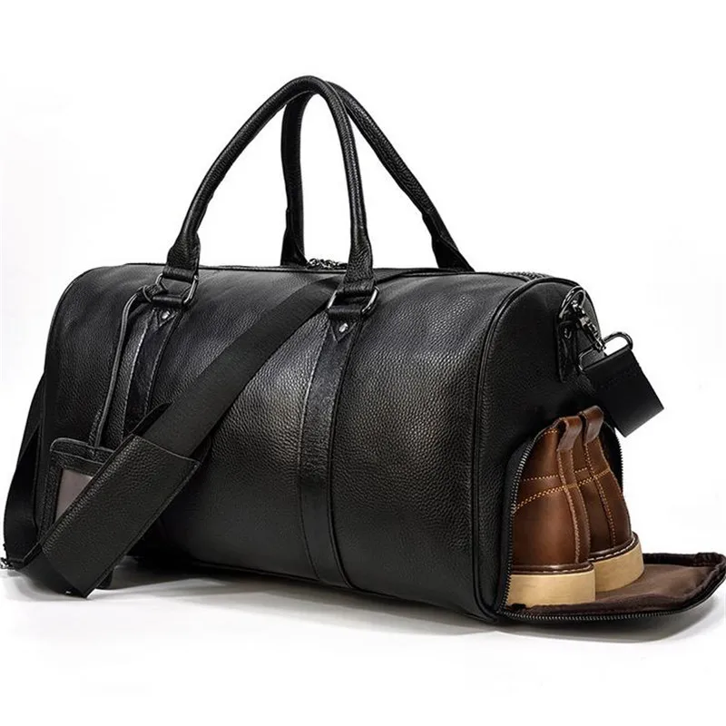 Genuine Leather Men Women Travel Bag Soft Real Leather Cowhide Handbag Luggage Bags Shoulder Bag Gym Bag With Shoe Position 30