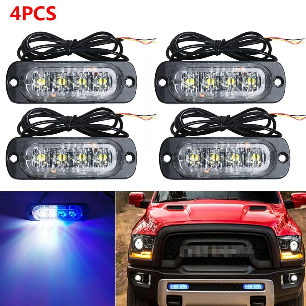 

4pcs 4LED Car Truck Strobe Lights Warning LED Flashing Emergency Grille Flashers LED Light White Red Blue Amber Strobe Lamp