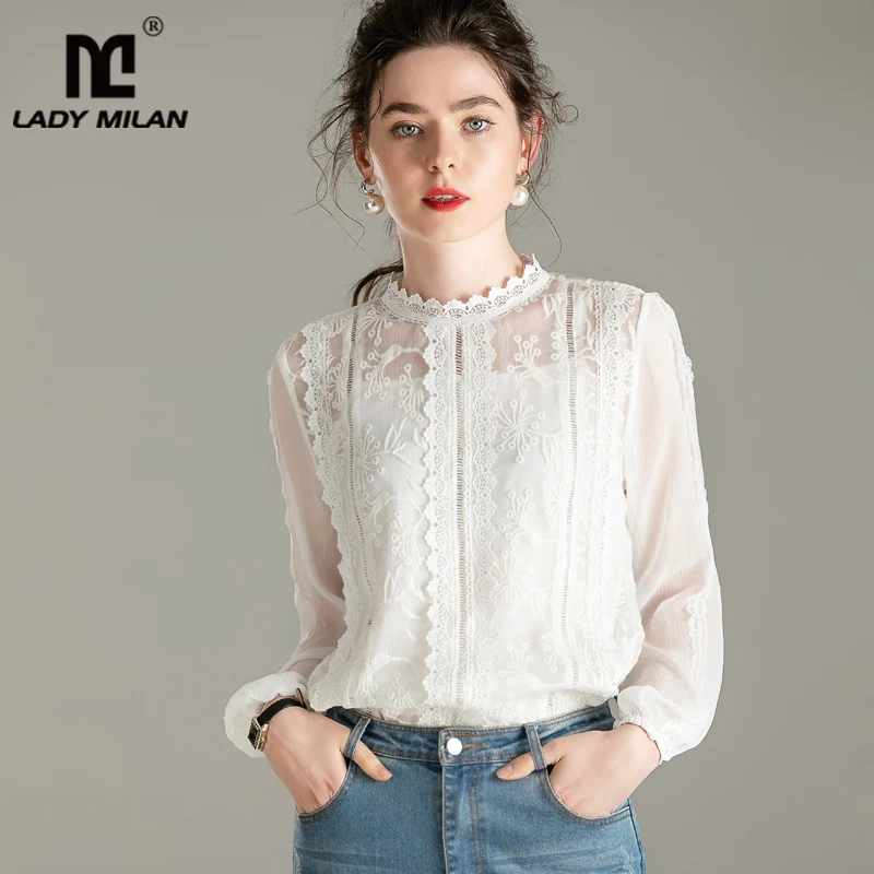Женская модельная рубашка из 100% шелка элегантный кружевной пуловер с воротником