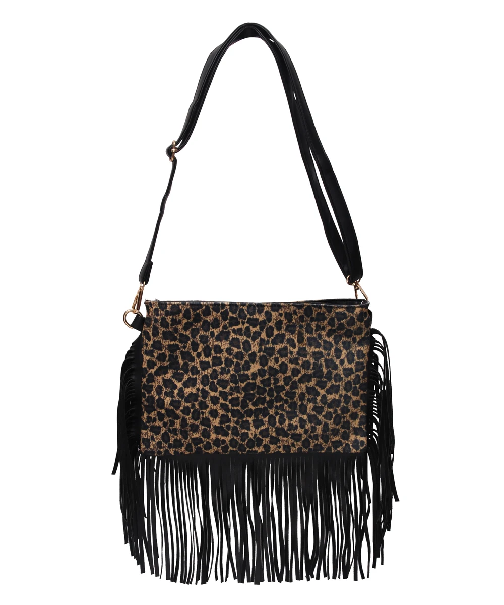 

1 Pcs Black Leopard Canvas Crossbody Bag with Tassel Shoulder Bags DOM1131208 Women Tassel Clutch Messenger Bags