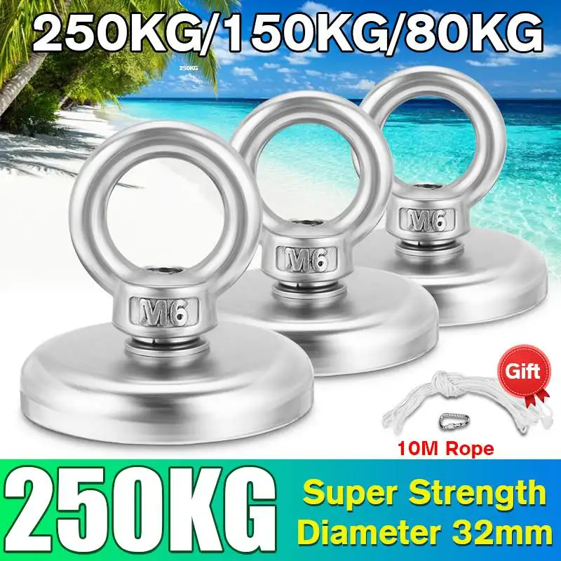 

250KG Powerful Round Neodymium Magnet Hook Double Side strong Salvage Search Magnet Sea Fishing Equipments Holder with 10M Rope