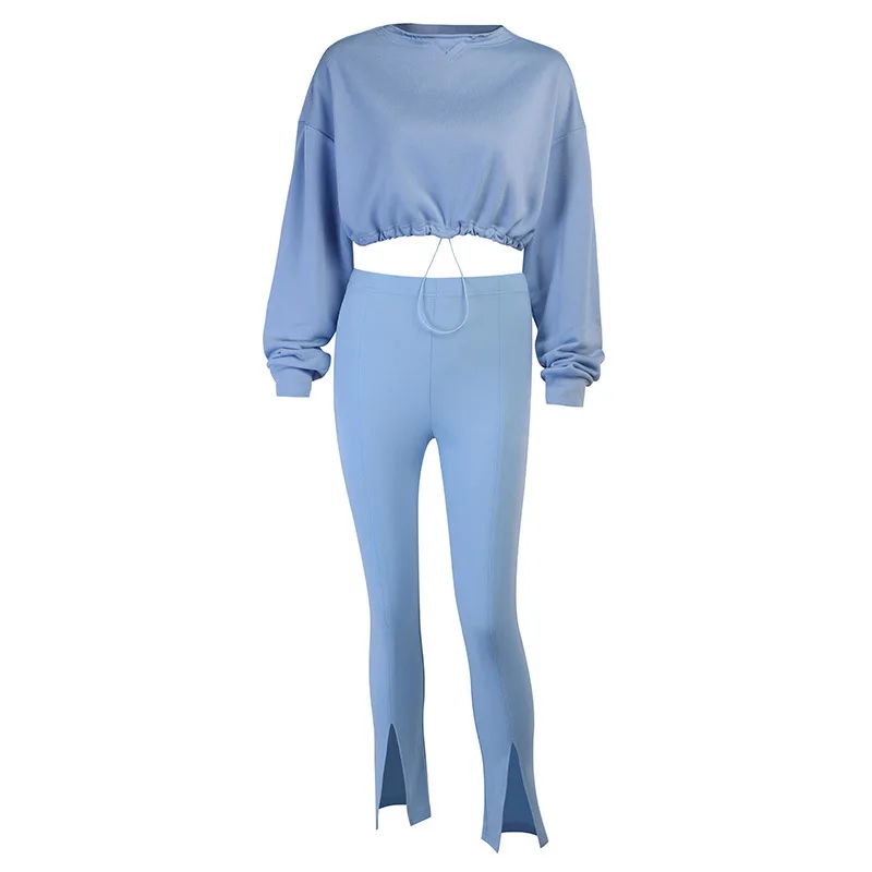 

Autumn And Winter New Women's Street Trend Loose High-waist Drawstring Sweater Split Leg Bodycon Casual Pants 2-piece Set