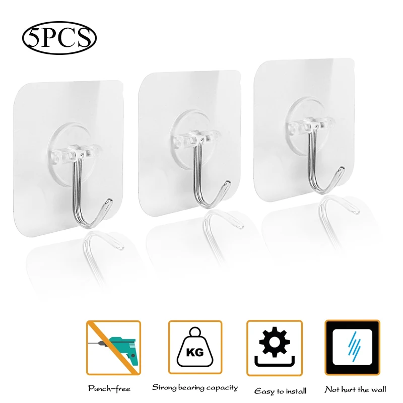 

5PCS Strong Self Adhesive Hooks Waterproof Transparent Wall Sticker Hanger Hook Heavy Load Rack Cup Sucker Household Products