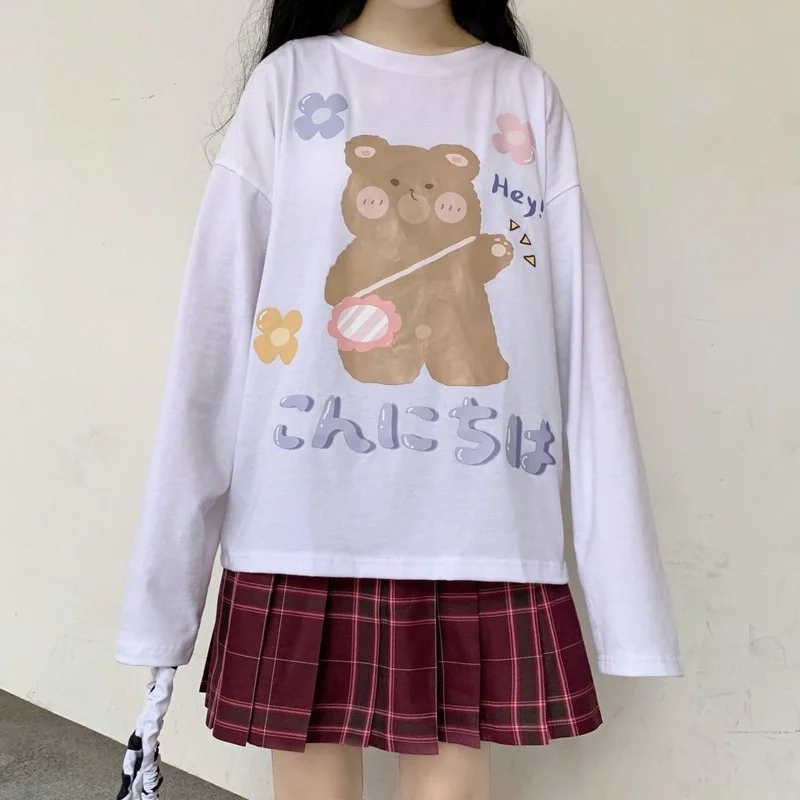 

QWEEK Kawaii Bear Print Graphic T Shirt Harajuku Japanrse Soft Long Sleeve White Tops Women 2021 Springt Autumn Alt Clothes