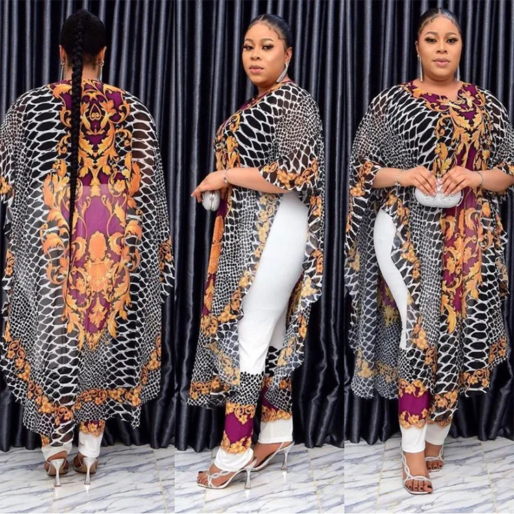 

2021 Summer African Women Polyester Printing Plus Size Two Pieces Sets Long Dress and Pant African Clothes for Women