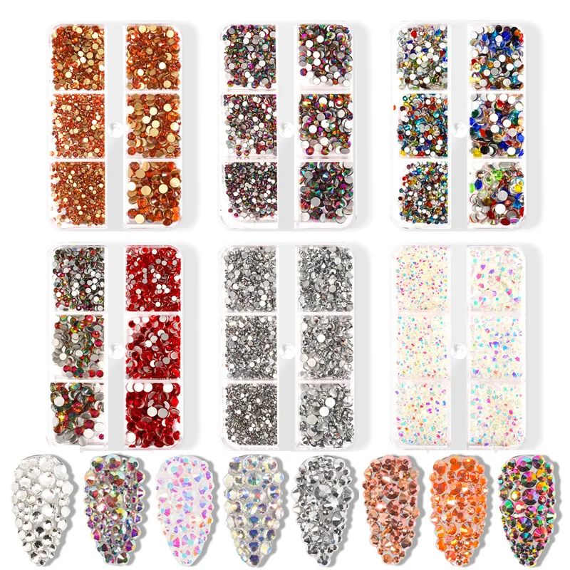 

1688Pcs/Box Nail Crystals AB SS4/SS6/SS8/SS10/SS12/SS16 Nail Art Rhinestones Round Beads Flatback Glass Charms Gem Stones