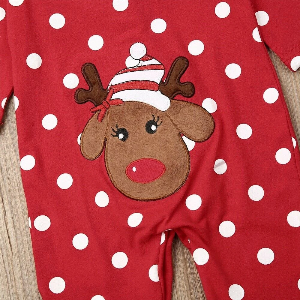 

Christmas Infant Baby Boys Girls Romper Kids Baby Cotton Clothes Polka Dot Xmas Deer Jumpsuits Long Sleeve Romper 0-18M