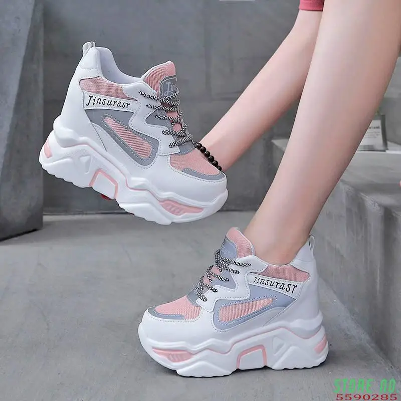 

New Ins Hotsale High Heel Sneakers Women Chunky Sneakers Wedge Shoes Girls Pink White Platform Sneakers Ladies Heightening Shoes