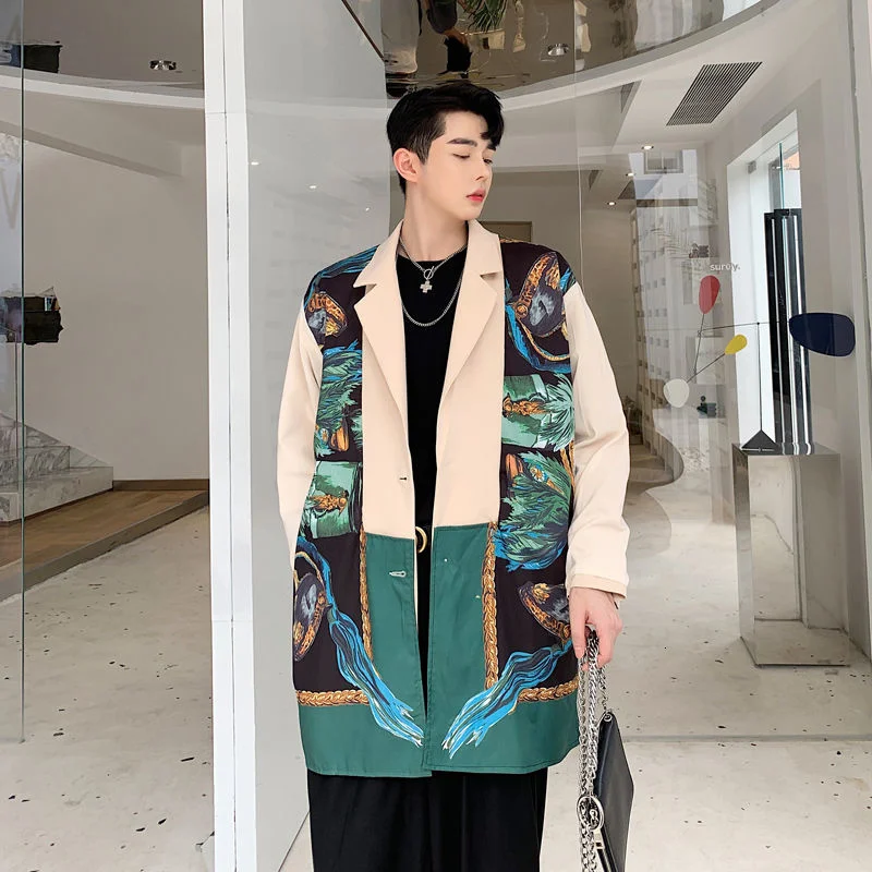

2021 Autumn Vintage Pattern Positioning Process Both Sides Wear Men's Loose Suit Coat Single Breasted Split Blazer For Male