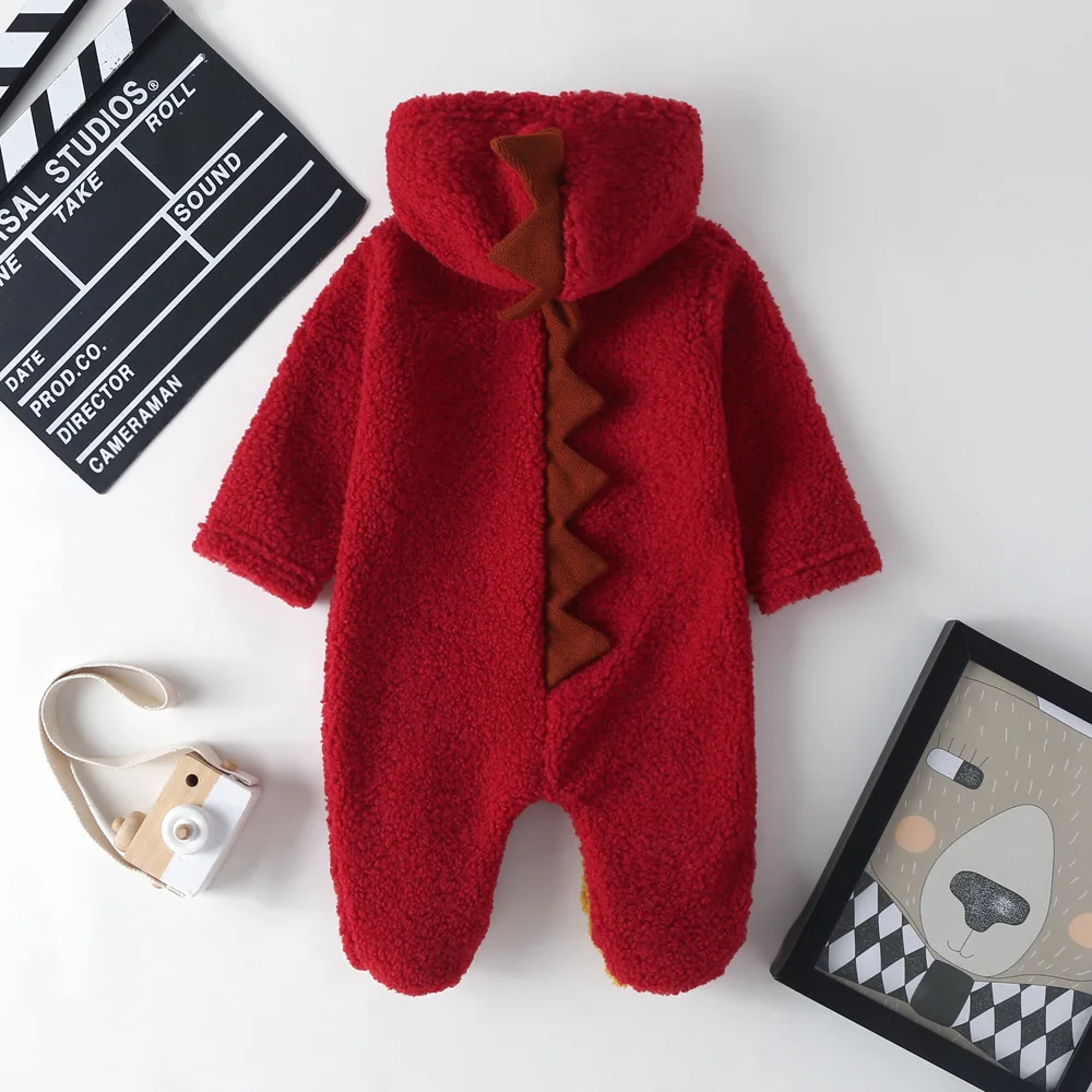 Infant Newborn Baby Thick Coral Fleece Footies Dinosaur Long Sleeve Hooded Jumpsuit Autumn Winter Warm Girls Boys White/Red/Blue | Детская