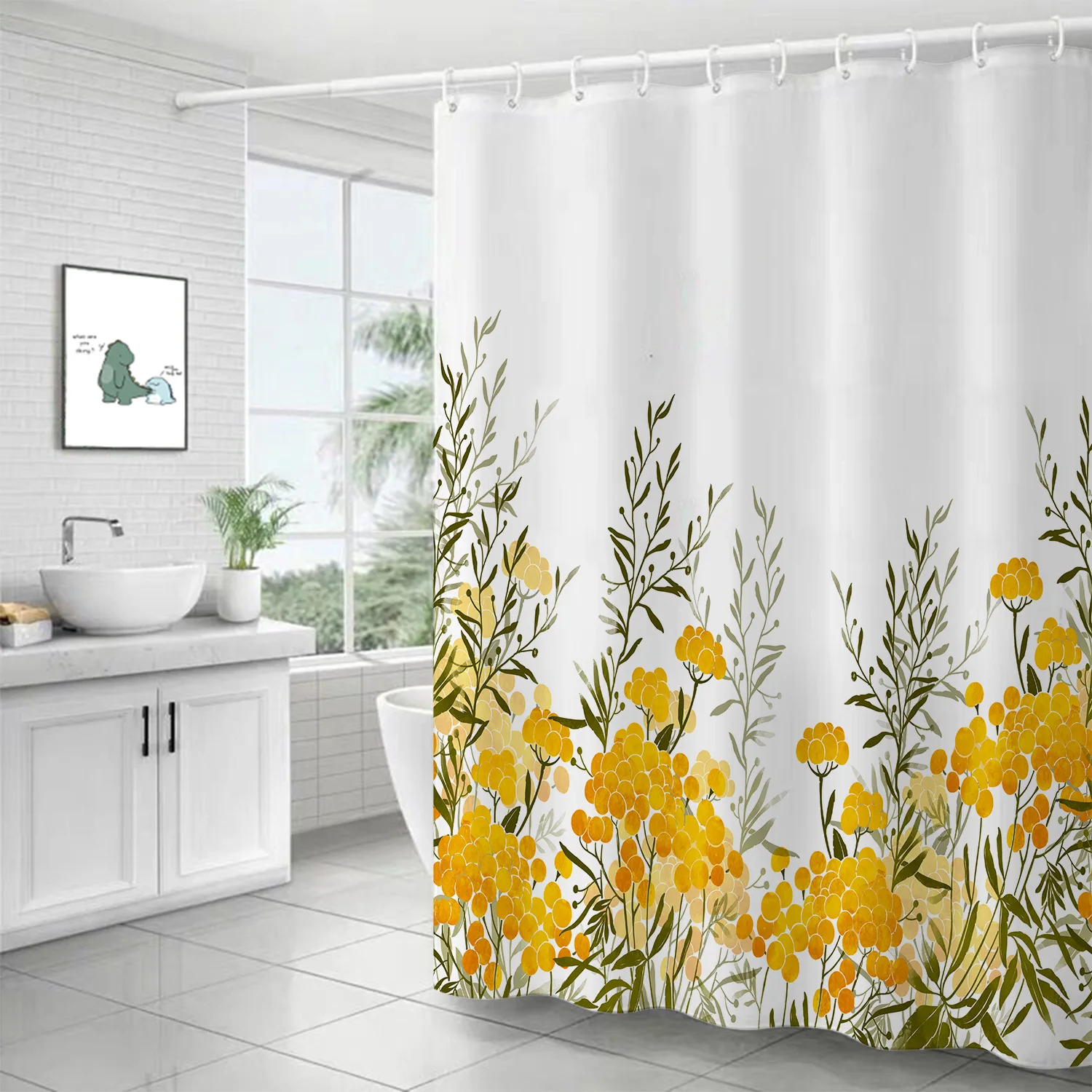 

European Flower Shower Curtain Waterproof Mildewproof Digital Printing Free Punch Bath Curtain with Hooks Bathroom Accessories
